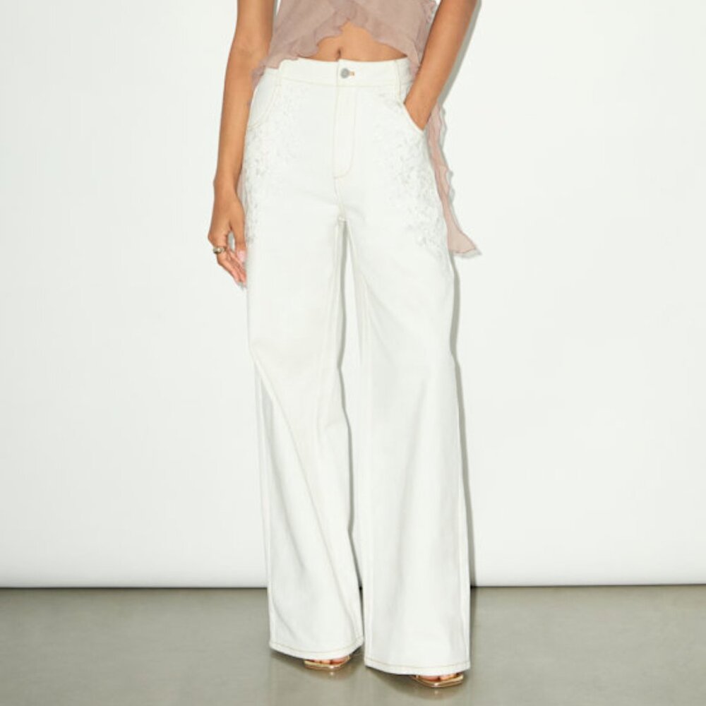 Lulus Ronnie Ivory Twill Embroidered Wide-leg Pants White